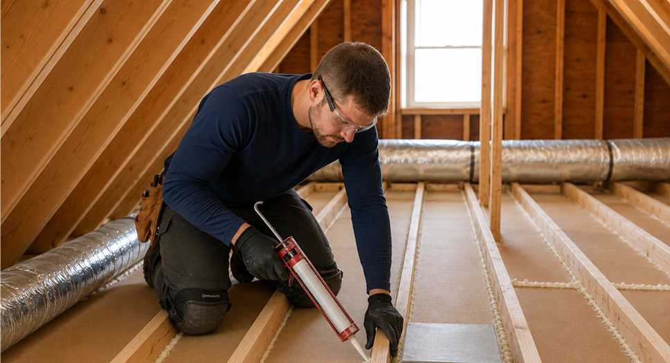 Worker using a manual caulk gun to seal gaps along attic floor framing.