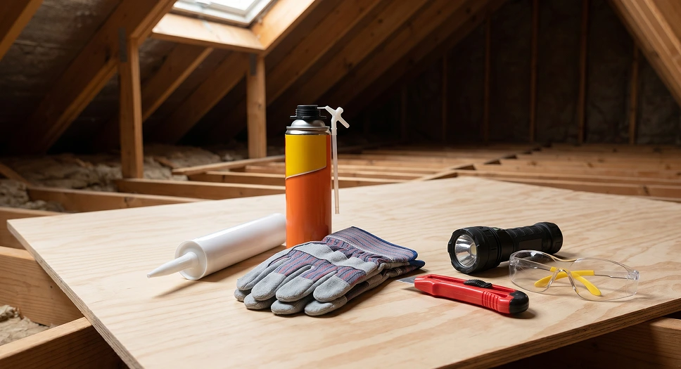 Caulk, spray foam, gloves, safety glasses, and tools prepared for attic air sealing work.