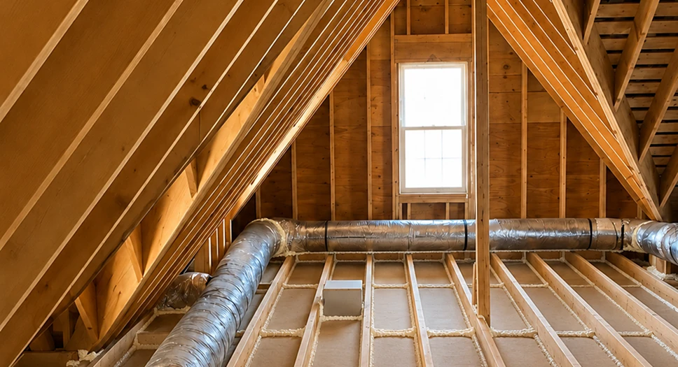 Attic floor seams and penetrations sealed with spray foam before insulation installation.