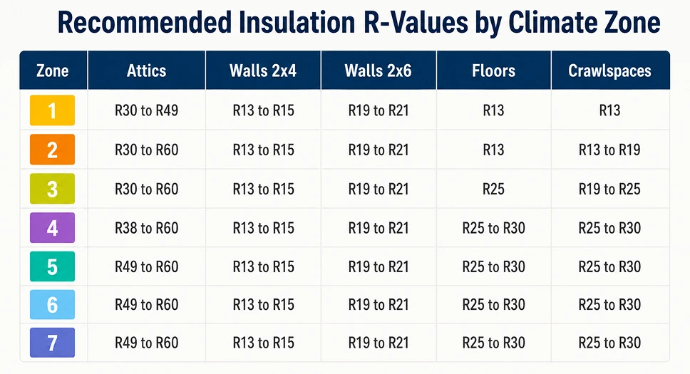 Recommended insulation R-values by climate zone for attics, walls, floors, and crawlspaces.