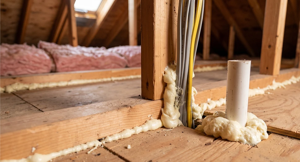 Spray foam sealant applied around attic wiring, plumbing, and framing gaps to help block air leaks.