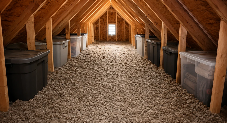 Weatherproof storage bins placed along attic framing with cellulose insulation preserved in the center.