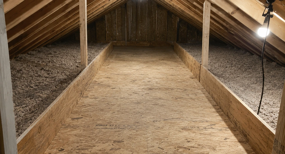 Raised plywood attic storage walkway built between loose-fill insulation on both sides.