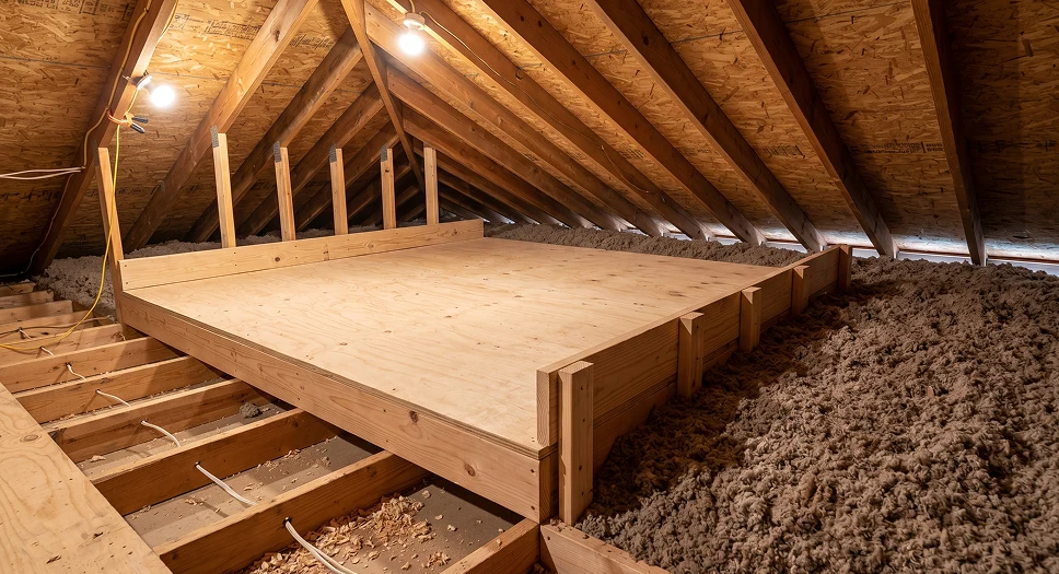 Raised attic storage deck built above brown-gray cellulose insulation with wood retaining edges.