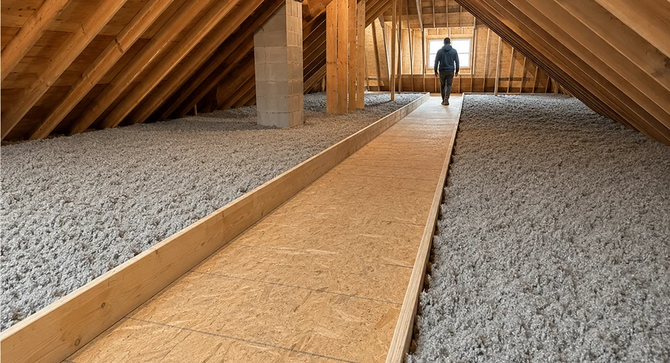 Attic storage walkway built above insulation to preserve R-value and provide safe access.