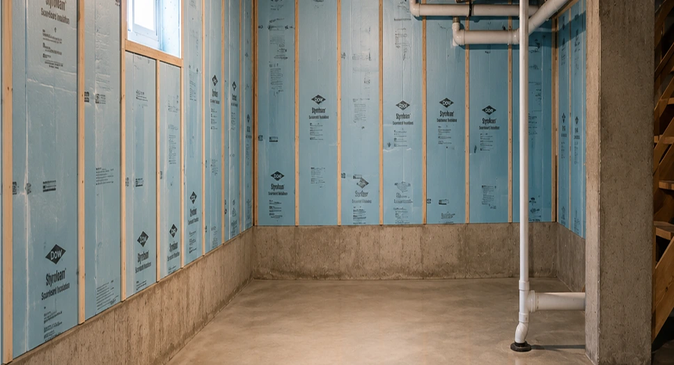 Basement walls prepared with rigid foam insulation after moisture and seepage problems have been addressed.