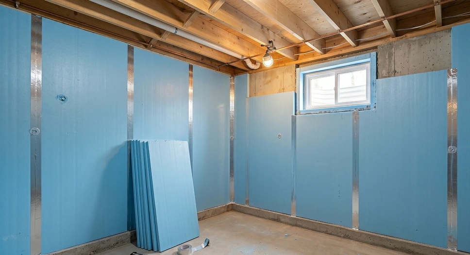 Continuous blue rigid foam insulation installed across basement foundation walls.