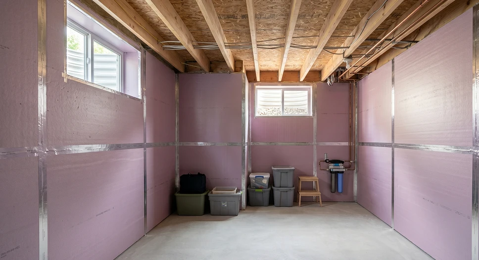 Rigid foam insulation panels installed on basement walls with sealed seams for thermal protection.
