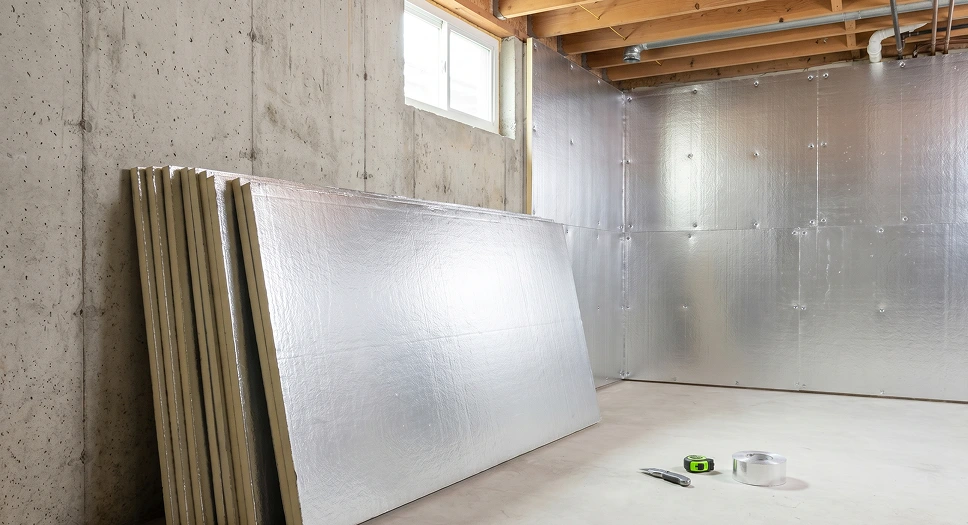 Foil-faced polyiso insulation boards prepared for installation on basement foundation walls.