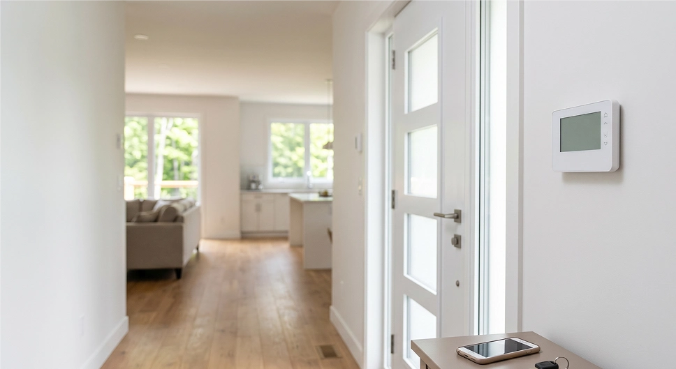 Programmable thermostat in a bright entryway used to manage home cooling before leaving the house.