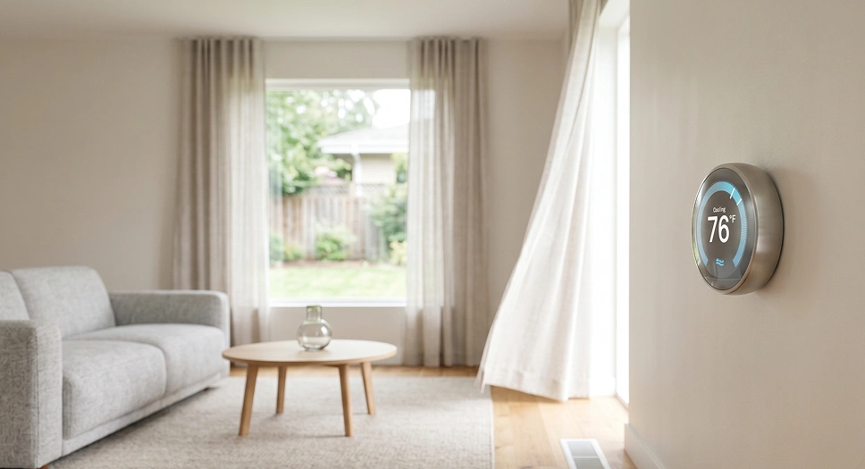 Smart thermostat in a bright living room showing efficient cooling and energy savings.