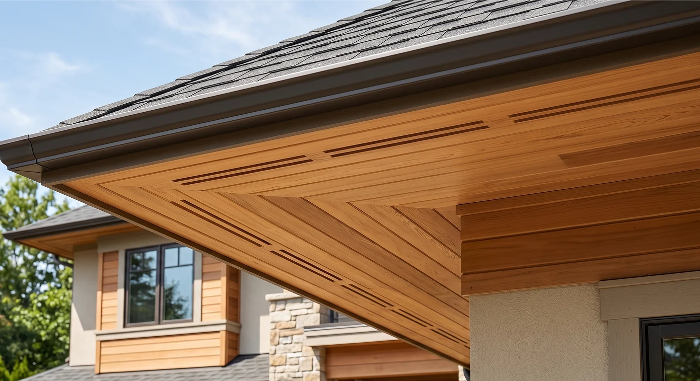 Natural wood soffit under a residential roof overhang with clean exterior craftsmanship.