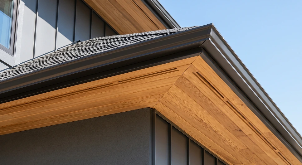 Cedar wood soffit installed beneath a roof eave with warm wood grain and dark fascia.