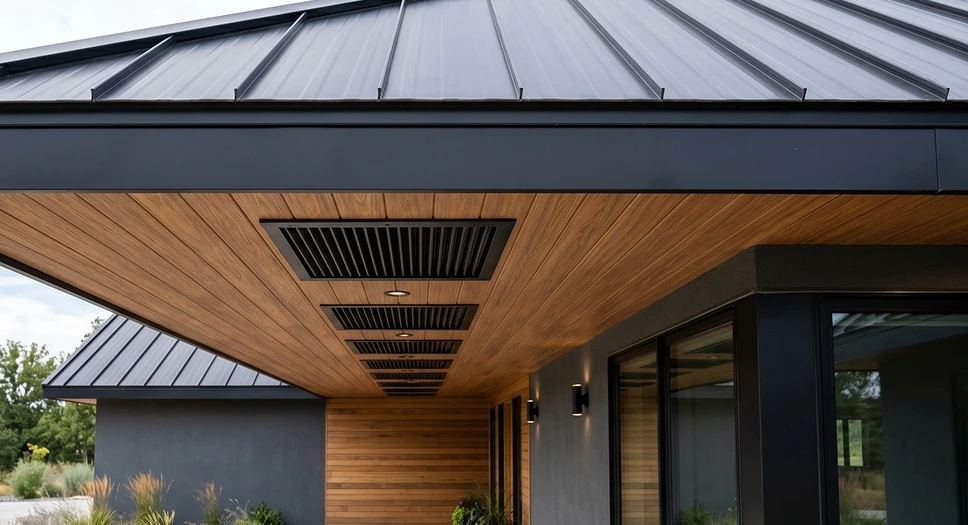 Modern wooden soffit with black rectangular vent grilles under a metal roof overhang.