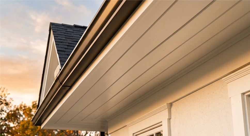White painted wooden soffit beneath a residential roof overhang at sunset.