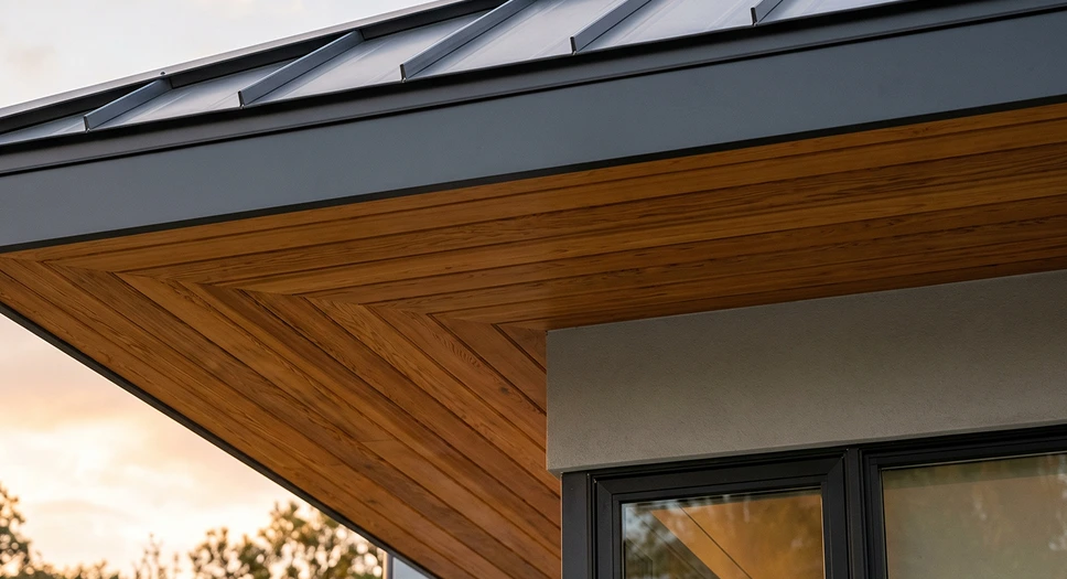 Natural wood soffit under a modern roof overhang with warm wood grain and clean exterior lines.