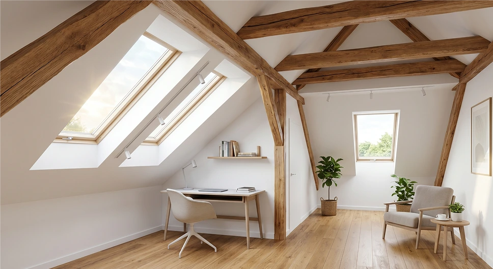 Finished attic structure with exposed wood beams, skylights, white walls, and wood flooring.
