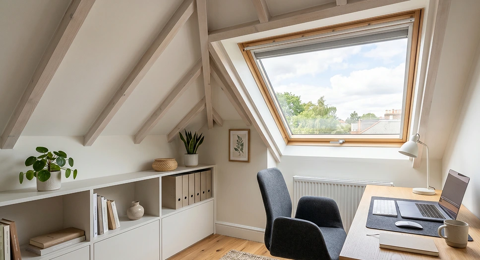 Attic office under a sloped ceiling with skylight, built-in shelving, desk, and chair.