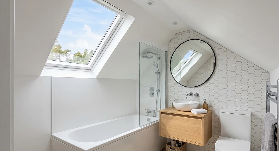 Finished attic bathroom with skylight, bathtub, glass shower panel, and compact vanity.