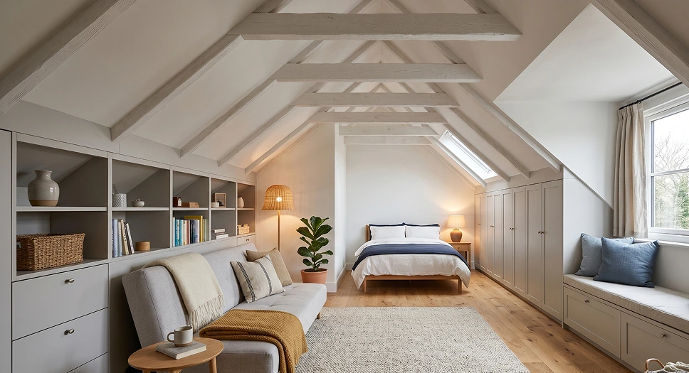 Cozy attic bedroom remodel with sloped ceilings, built-in storage, and exposed ceiling beams.