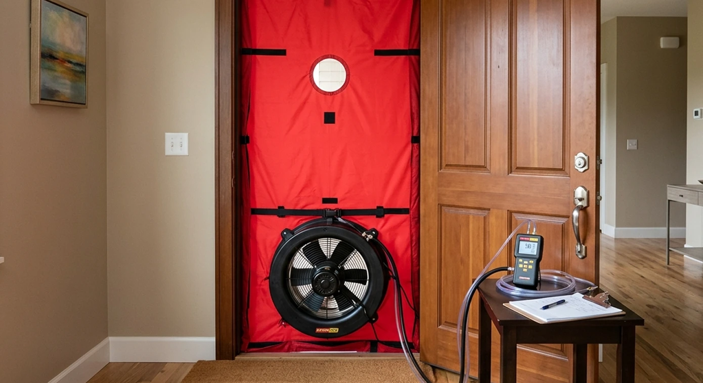Blower door test setup with red sealed door panel, diagnostic fan, and pressure gauge for a home energy audit.
