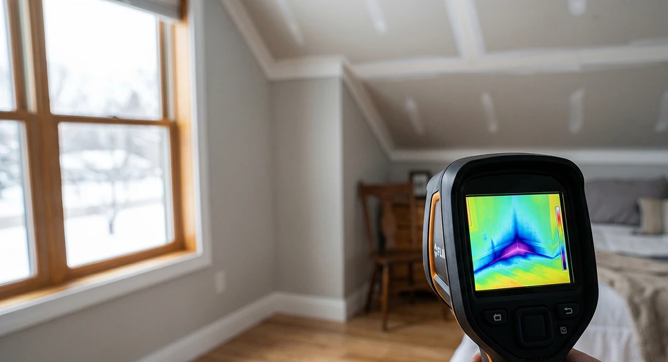 Thermal camera inspecting a bonus room above a garage for air leaks and cold spots.