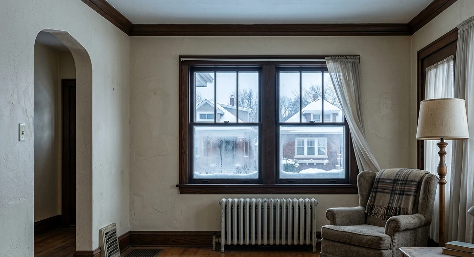 Older Chicago bungalow living room that may feel cold due to poor attic insulation and air leaks.