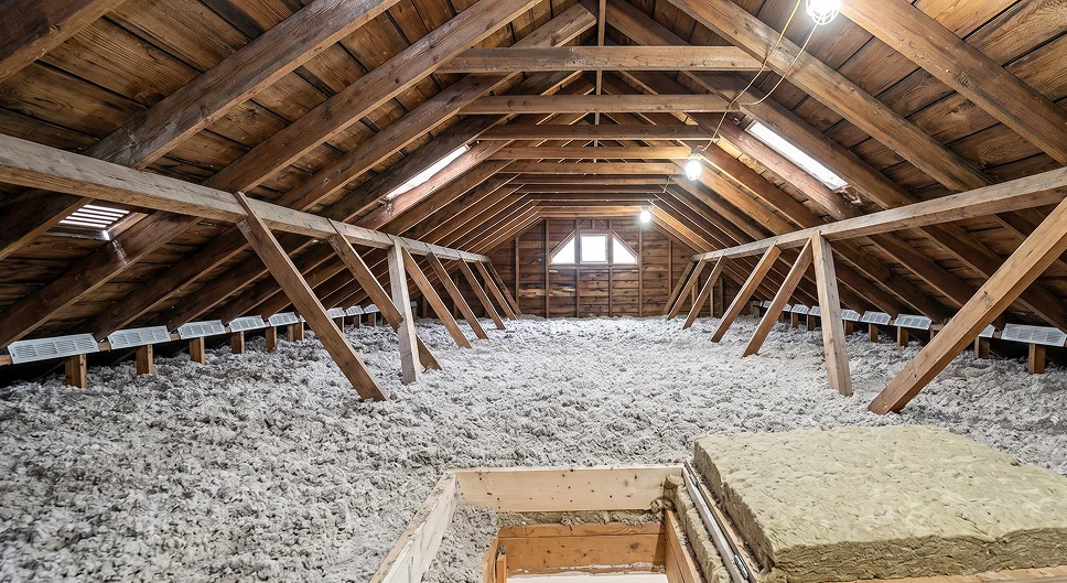 Thick attic insulation installed in a Chicago home to help reduce heat loss during winter.