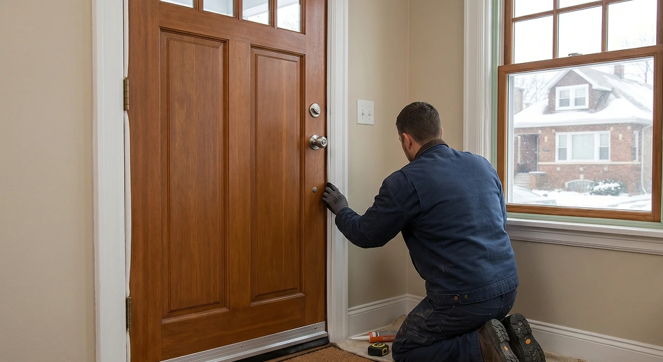 Worker sealing an exterior door with weatherstripping to help prevent winter drafts.