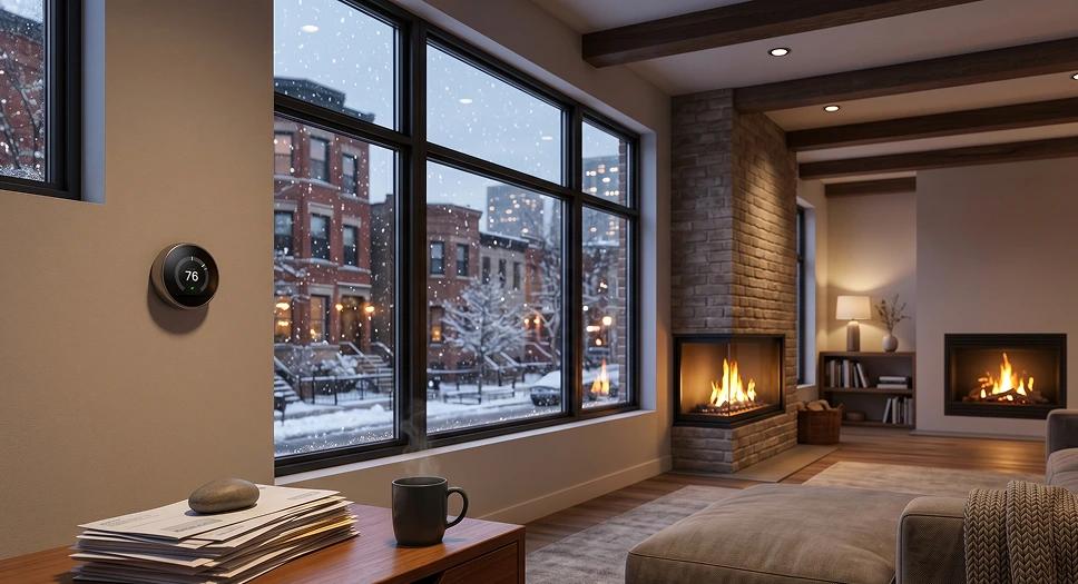 Warm home interior with thermostat and winter windows, showing the comfort benefits of insulation.