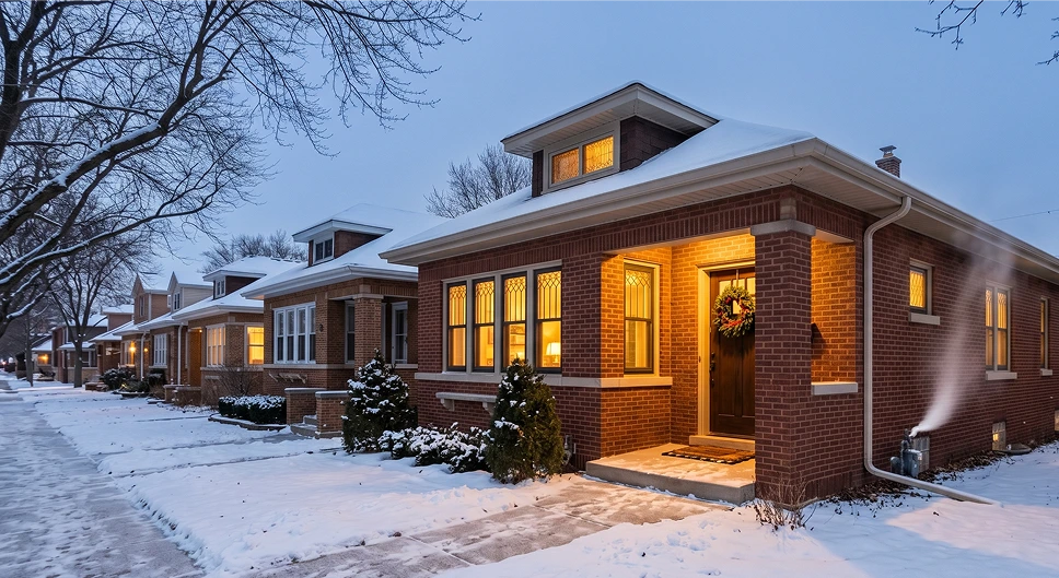 Chicago home in winter with warm windows, showing a comfortable house prepared for cold weather.