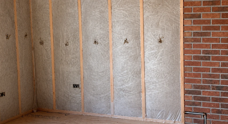 Dense-pack cellulose wall insulation installed behind netting in an unfinished room.
