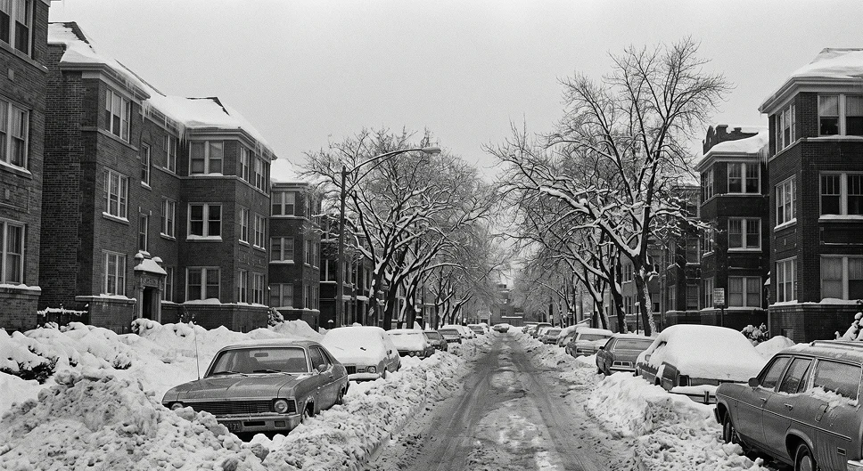 Historic-looking Chicago street covered in snow during a winter storm.