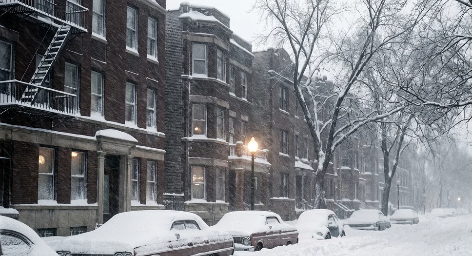 Chicago apartment buildings and parked cars covered in snow during a winter storm.