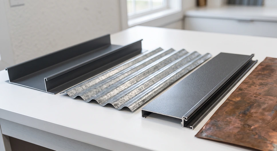Metal roofing sheet samples showing different panel profiles and finishes.