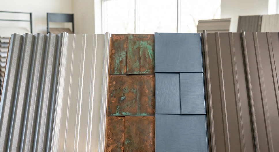 Different metal roofing panel types and finishes displayed side by side.
