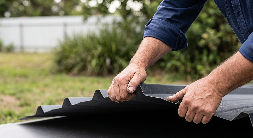 Metal roofing panel sample being handled to show material thickness and flexibility.