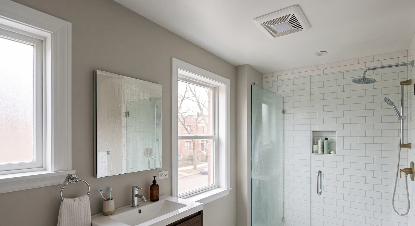 Bathroom exhaust fan installed above a shower to help remove moisture and humidity.