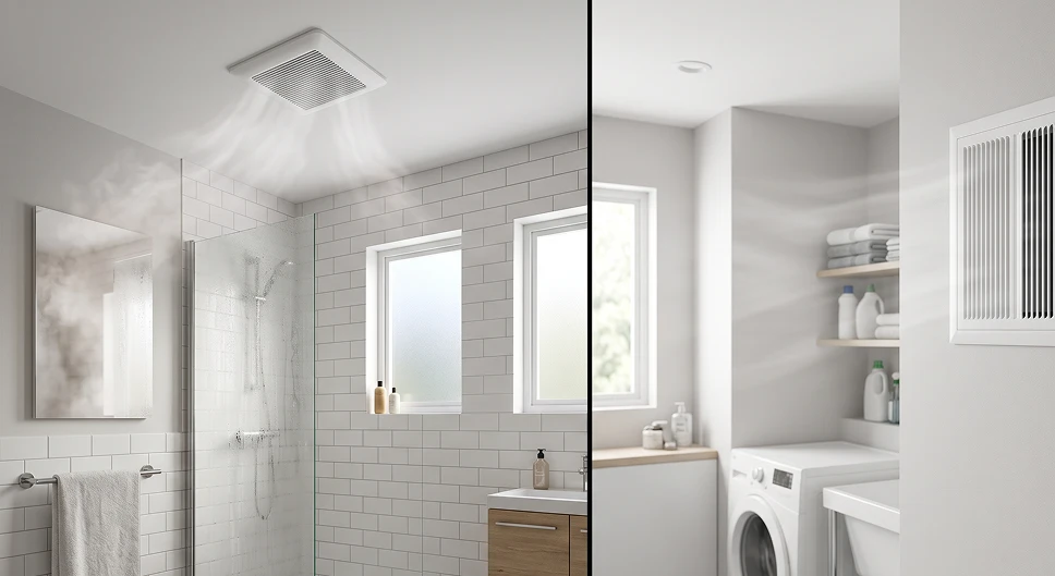 Split view comparing a bathroom exhaust fan with a general ventilation fan.