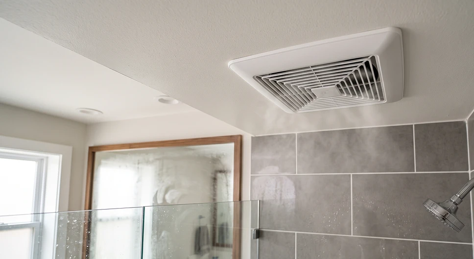 Bathroom exhaust fan removing steam and humidity above a shower.