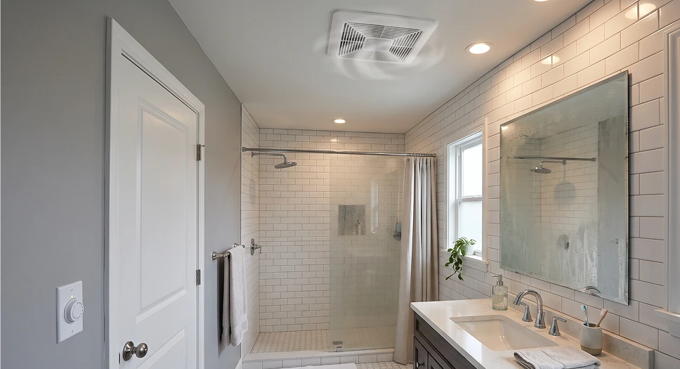 Bathroom exhaust fan with a wall timer switch to help control moisture after showering.