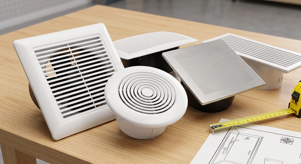 Bathroom exhaust fan models displayed on a workbench for choosing the right fan size and style.