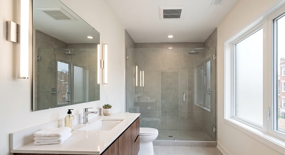 Modern bathroom with a ceiling exhaust fan for proper ventilation and moisture control.