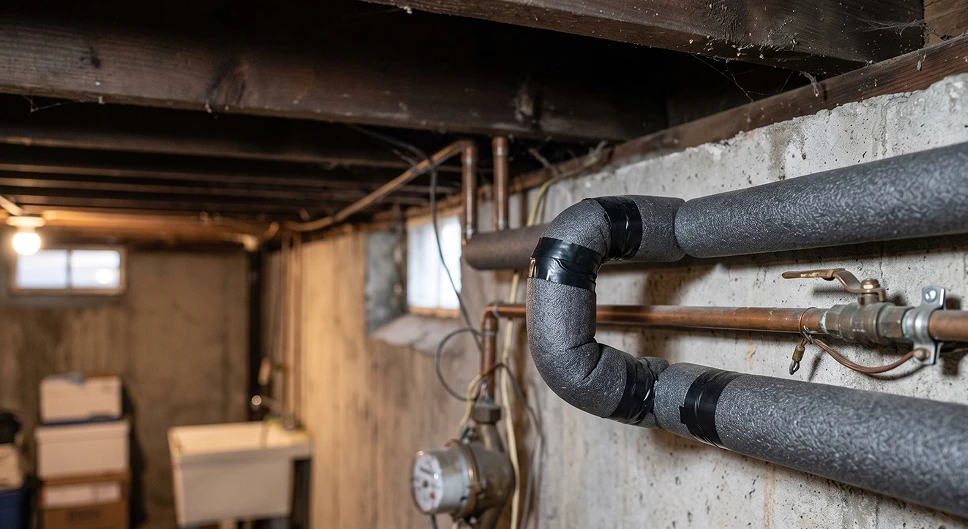Basement water pipes wrapped with foam insulation to help prevent freezing in cold weather.