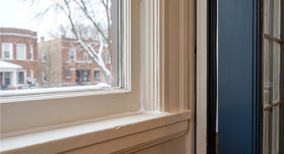 Sealed window trim in a Chicago home to help reduce cold winter drafts.