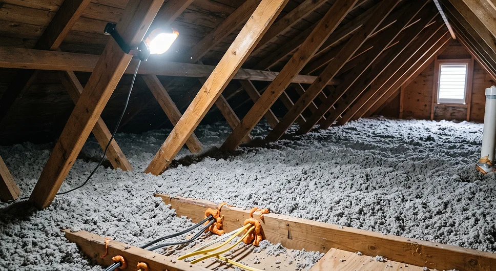 Cellulose attic insulation installed across the attic floor to improve winter comfort and energy efficiency.