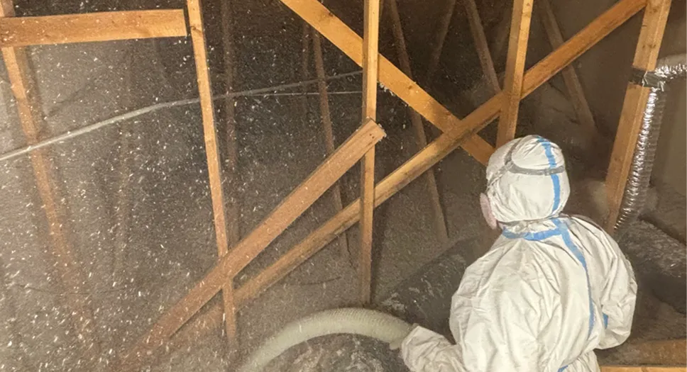 Professional installer adding attic insulation to improve home comfort and energy efficiency.