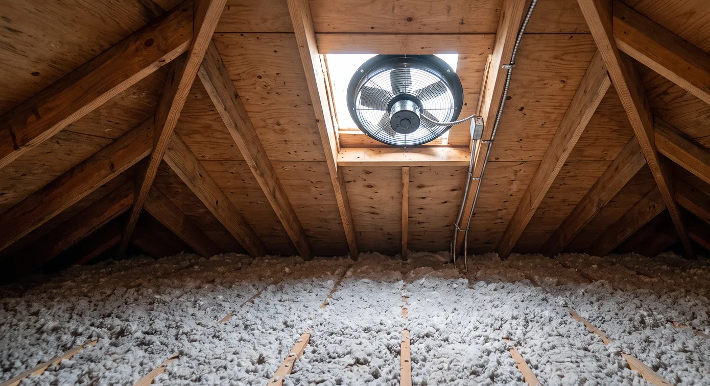 Attic fan installed in a roof deck above attic insulation to help remove hot air.