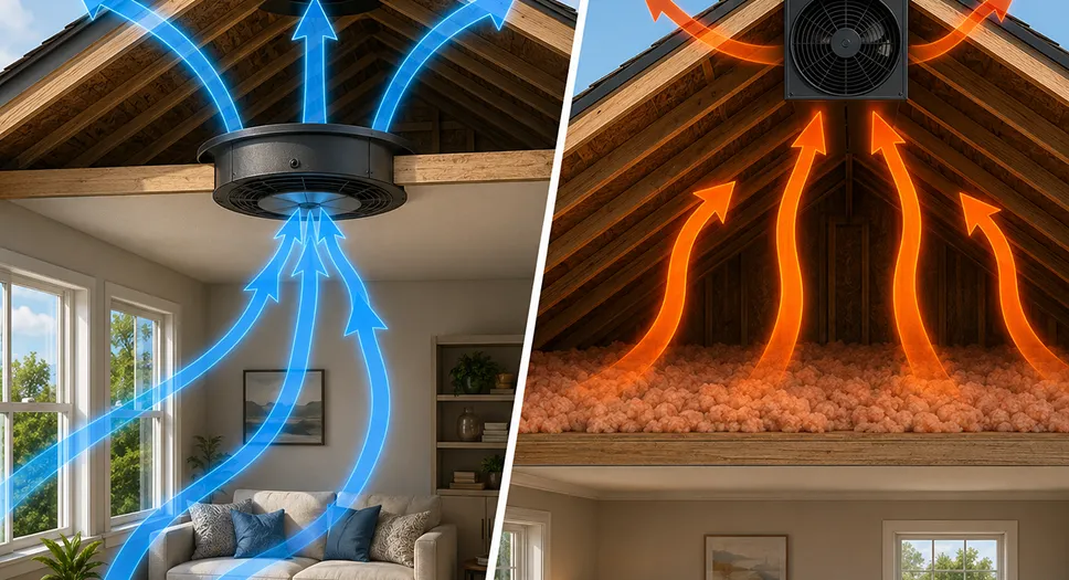Split view showing whole house fan airflow and attic fan airflow for home ventilation.