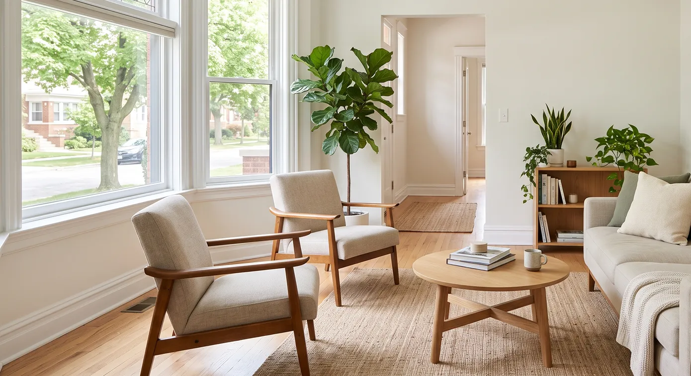 Clean living room with fresh natural light and indoor plants for healthier indoor air quality.